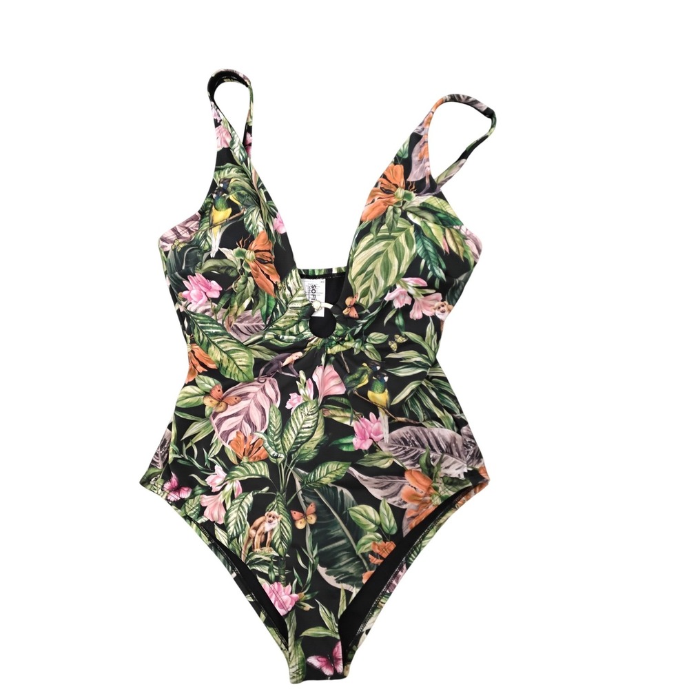 Sofia by Sofia Vergara Ring Front Plunge One Piece Swim Hidden‎ Rainforest M New